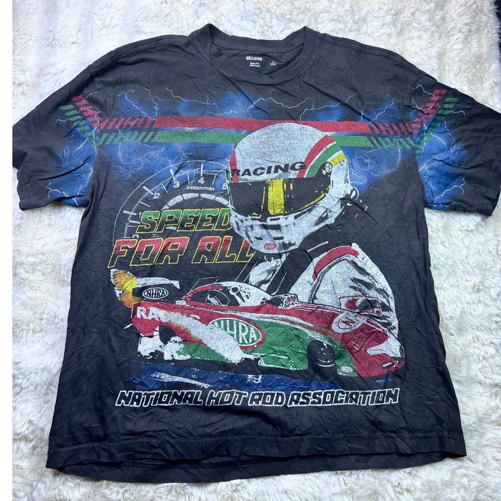 Hollister NHRA Drag Racing Graphic Tee Black Boxy Sz L Speed For All Shirt A36